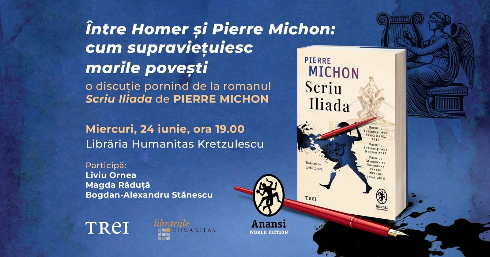 Pierre Michon, omagiat la Humanitas Kretzulescu cu prilejul apariției „Scriu Iliada"