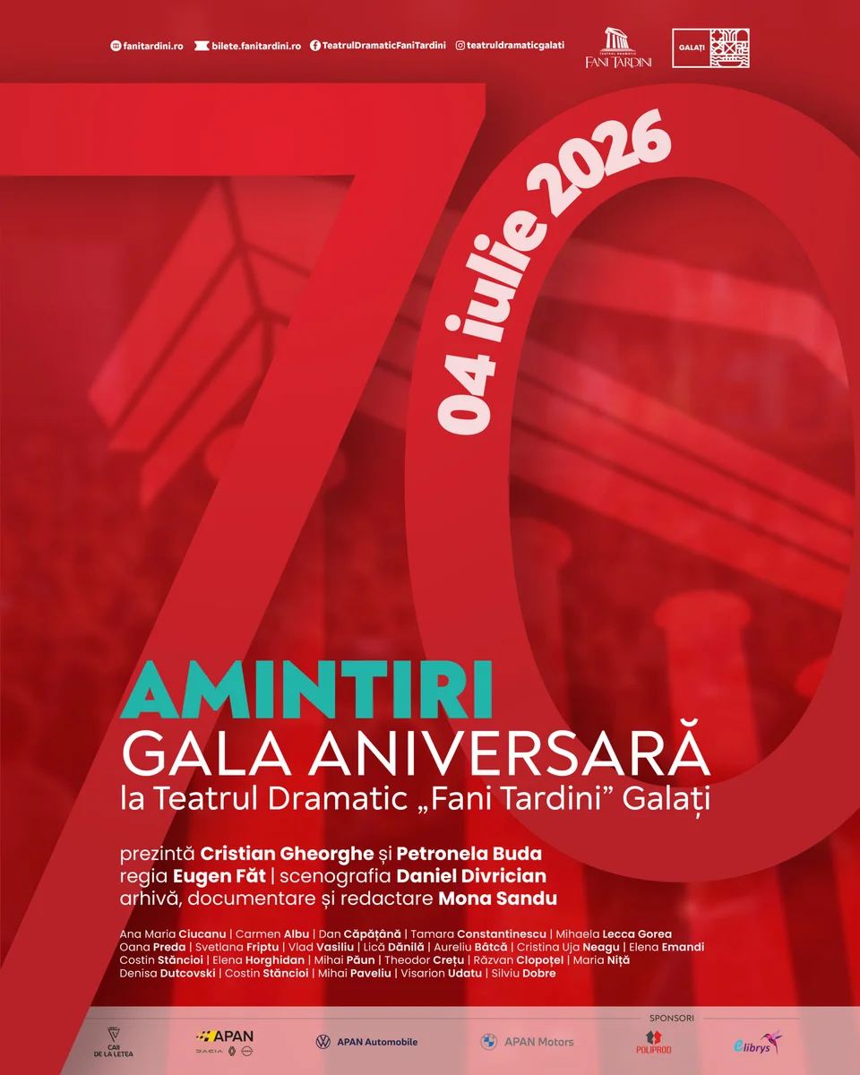 Teatrul „Fani Tardini" din Galați încheie stagiunea cu o Gală Aniversară 70