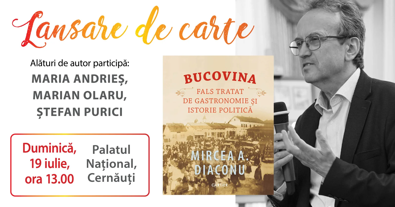 Mircea A. Diaconu lansează la Cernăuți un volum despre Bucovina